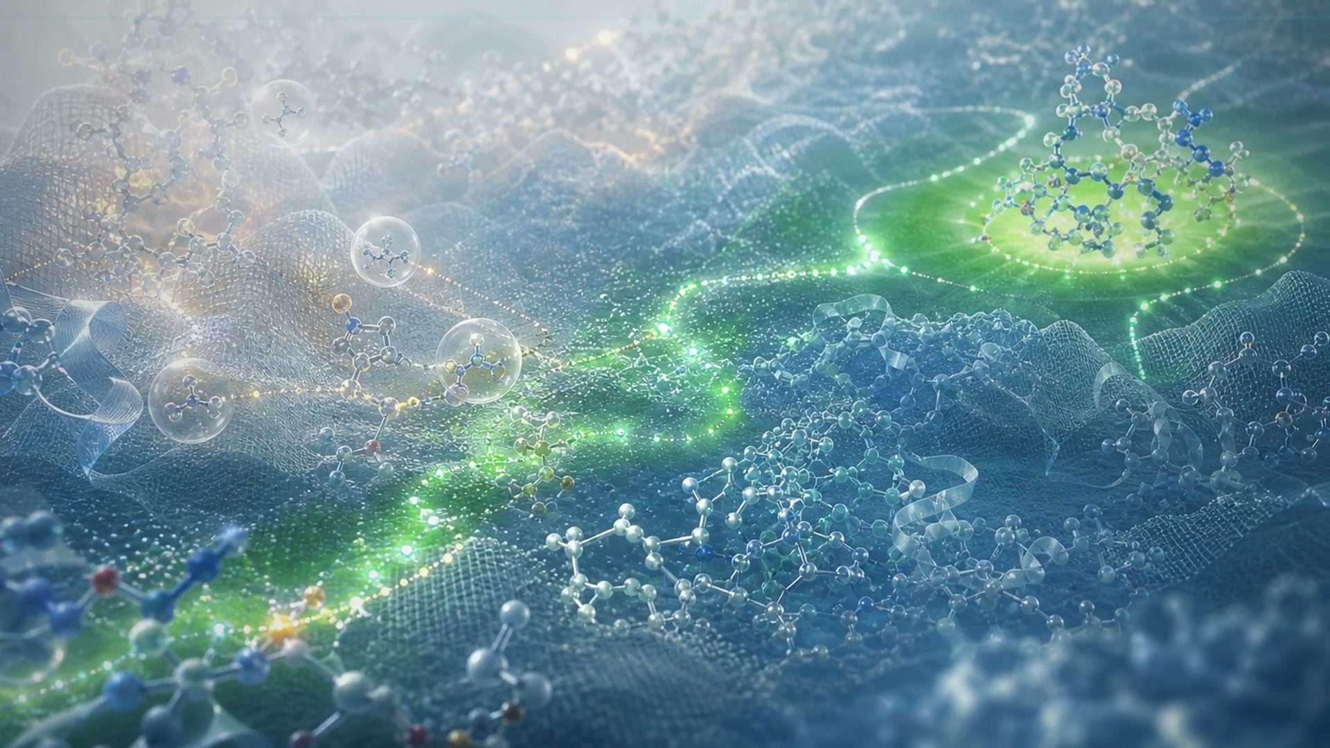 Illustration of antimicrobial peptide candidates moving through an AI-guided molecular search
