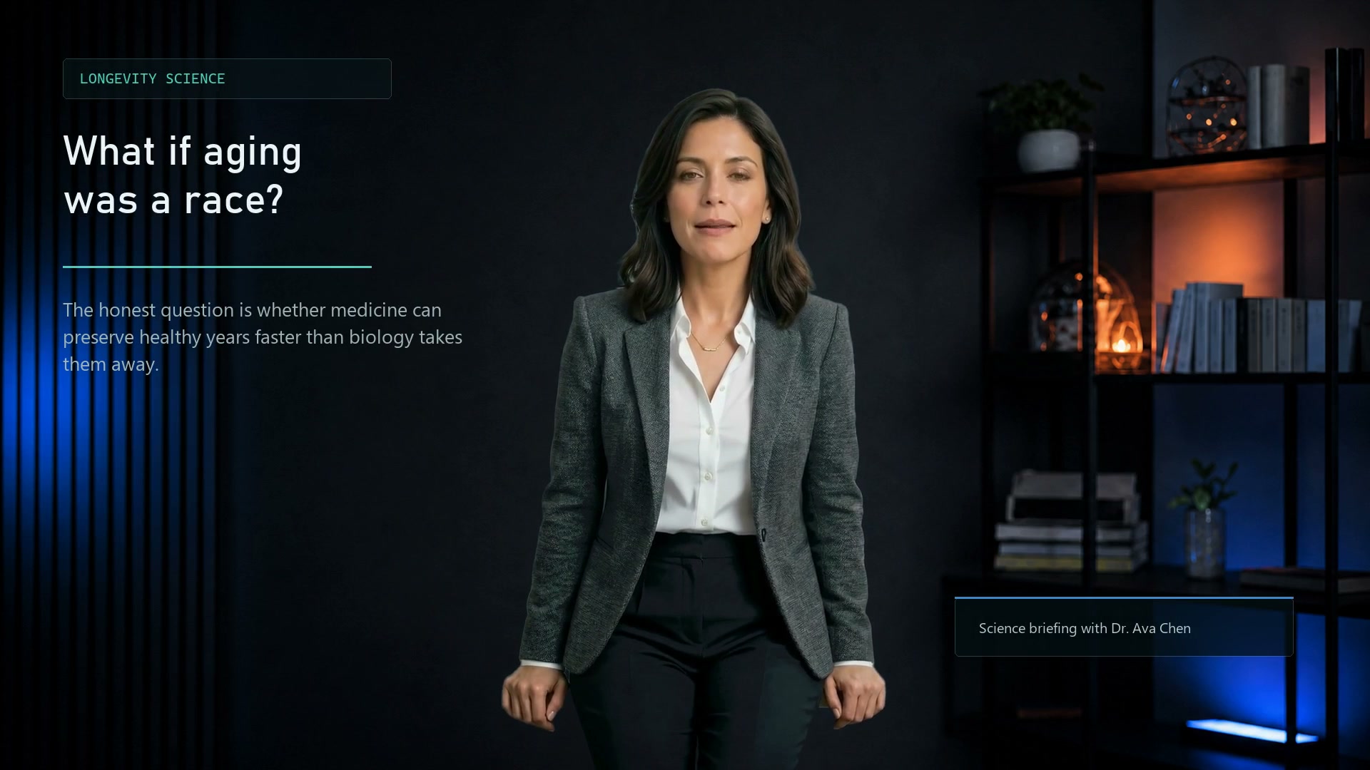 Dr. Ava Chen presenting a longevity science briefing in a dark cinematic studio